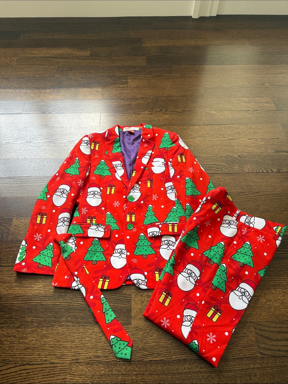 OppoSuits Men’s Red Santa & Christmas Tree 3 Piece Suit